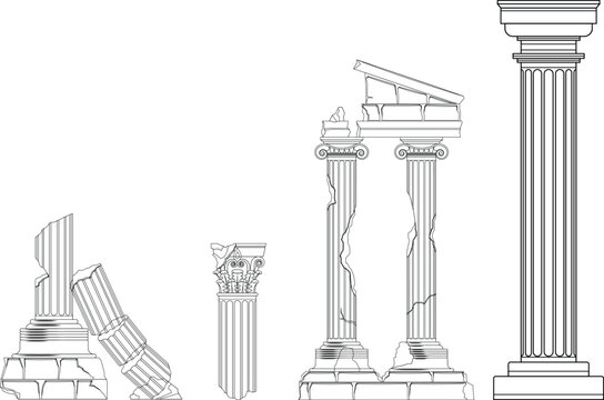Ancient broken column ruins line art illustration