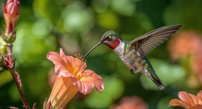 A hummingbird feeding on a peach colored flower with green foliage in the blurred background view - Powered by Adobe