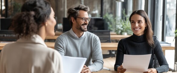 The smiling team engaged in a productive business meeting in a modern office.