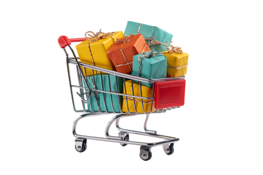 Shopping cart overflowing with colorful gifts.