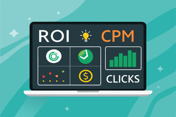 Vector illustration of mobile ad campaign analytics dashboard displaying ROI, charts, graphs, and key performance indicators.