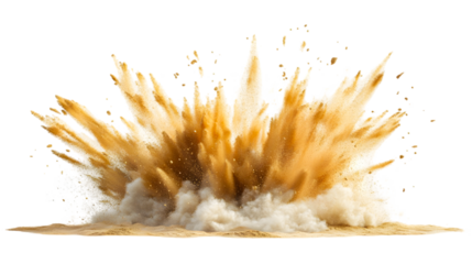 An explosive burst of golden powder against a stark black backdrop creates a dynamic and impactful dust explosion, perfect for adding dramatic effect, transparent background