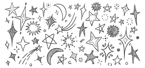 Hand-drawn crayon stars and pastel doodles - childish chalk texture elements for school projects, stickers, or kid s illustrations.