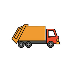 An illustration of a clean and stylized garbage truck in yellow and red. 
