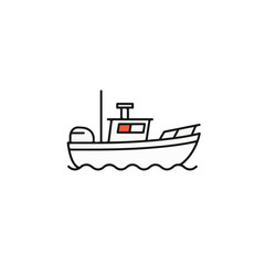 Simplified outline of a fishing boat sailing through the sea.