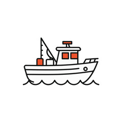 A simple line drawing of a fishing boat sailing on the water.