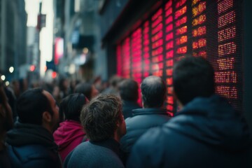 Naklejka premium Urban street with digital stock ticker screens turning red, people watching in concern, economic pressure mounts as interest rates drop and global markets signal sharp downturn.