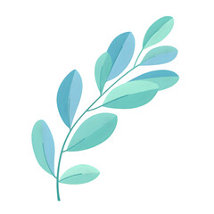 Teal and Aqua Green Branch with Delicate Leaves Watercolor Style Botanical Illustration Isolated on white Background Simple Nature Design Element for Decor or Branding