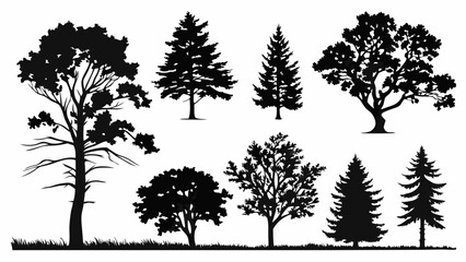 Obraz premium Tree Silhouettes Collection - Deciduous and Coniferous Trees with Grass Border in Black and White