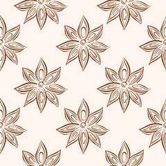Seamless pattern of star anise in line art style on beige background. Perfect for spice packaging, culinary decor or natural food theme design.
