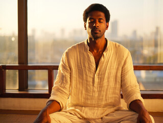 A peaceful Black man meditating with eyes closed, illuminated by warm golden hour light in front of a window with a blurred city view