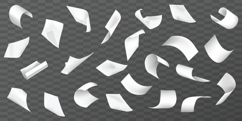 Flying paper sheets scattered in air, Realistic office paperwork piece set falling down. Bent and curl A4 scatter away on wind mockup clipart