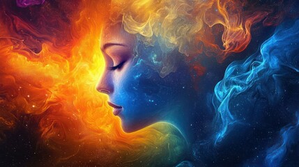 A woman with a colorful, ethereal face, surrounded by fiery and icy colors, with a serene expression and closed eyes.