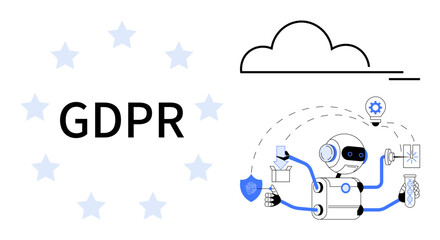 Robot multitasking with lock, document, tools, and shield under cloud. Ideal for data protection, privacy, compliance, automation regulation technology security themes. Simple flat metaphor
