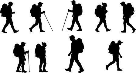 Fototapeta premium Seven hikers silhouette in various poses hiking adventure vector art,