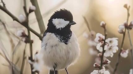 Naklejka premium Elegant tit perched delicately among soft blossoms in the spring sunshine scene