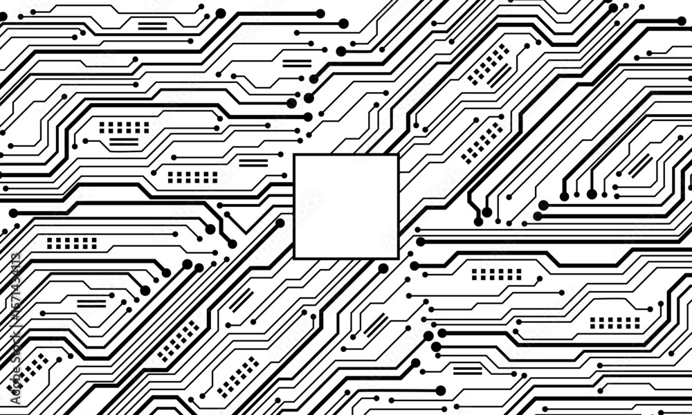 Poster Abstract black circuit board technology connected lines electronics elements computer motherboard chip processor semiconductor digital on white background vector