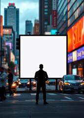 On a bustling city street a lone figure silhouetted against the vibrant cityscape stands before an empty billboard a blank canvas for the imagination Blurred figures and distant vehicles hint at the v