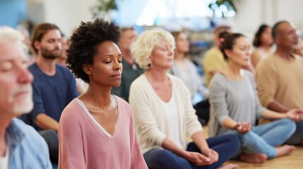 Group meditation session in a spacious studio fostering mindfulness and relaxation among diverse participants
