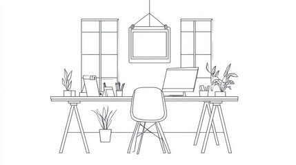 Line drawing of a home office workspace.