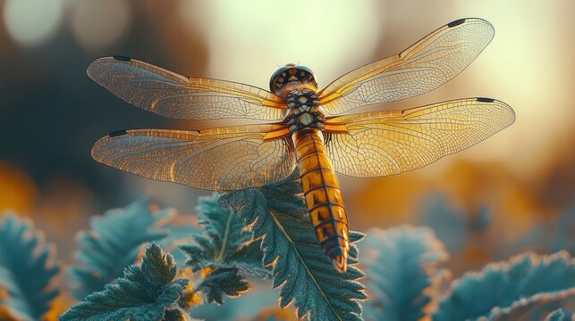Golden dragonfly perched on teal leaves