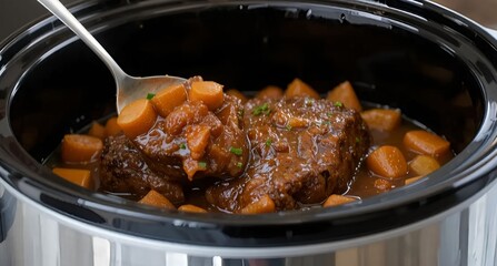 Pot roast cooked in slow cooker, close-up of meat and broth with vegetables, spoon scooping portion, modern kitchen background.