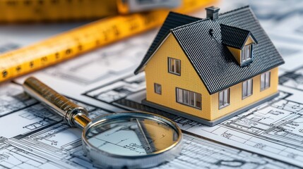 A miniature model house with a magnifying glass on top of it, placed on a blueprint with a tape measure in the background.