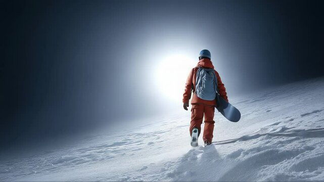 Solitary snowboarder ascending moonlit mountain slope, carrying board through pristine winter wilderness during peaceful nighttime adventure