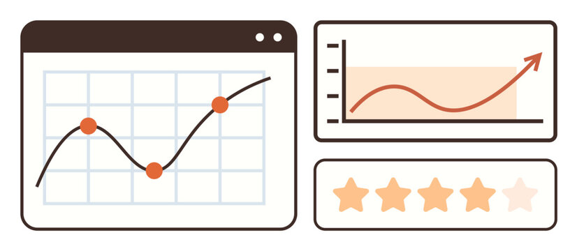 Line chart with data points, upward trend graph, and star rating system reflecting performance. Ideal for analytics, business growth, feedback, quality assessment, customer reviews, statistics