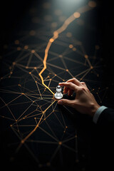Top-down concept of a strategic planning network with gold route lines on a black background, pawns as decision points, and a hand making a move, symbolizing leadership, logic, and direction