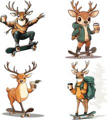 Cute deer skateboarding and holding coffee vector style on white background