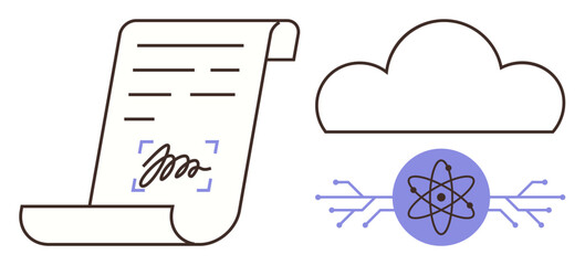 Contract document with signature, cloud storage, and an atom symbol for AI. Ideal for digital agreements, cloud data, AI, automation, innovation technology business efficiency. Simple flat metaphor