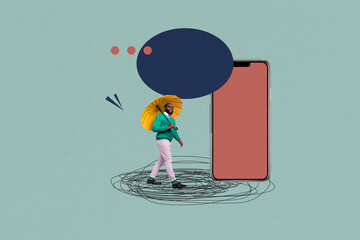 Sketch poster art photo collage of happy girl guy stand smartphone bubble notification...