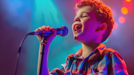 little caucasian kid boy singing on music studio by microphone. musician lessons. kids voice. child singing on concert