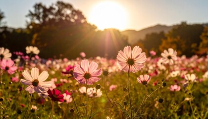 Fototapeta premium Autumn cosmos field with backlit petals – natural scenery with soft warm light/逆光に透ける花びらが美しい秋のコスモス畑 – 柔らかな光の自然風景