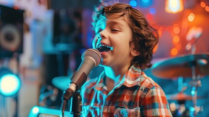 little caucasian kid boy singing on music studio by microphone. musician lessons. kids voice. child singing on concert. banner .