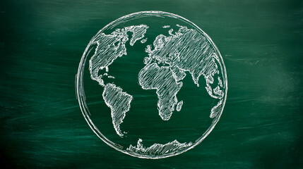 A hand-drawn sketch of the Earth on a chalkboard with a white outline, symbolizing global education and world travel for students, set against a green background