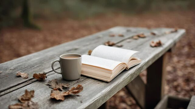 Gentle breeze turning book pages on wooden bench, nearby coffee cup, surrounded by fallen autumn leaves in forest setting