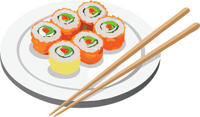 A vibrant plate of sushi rolls with chopsticks, artfully arranged for gourmet dining.