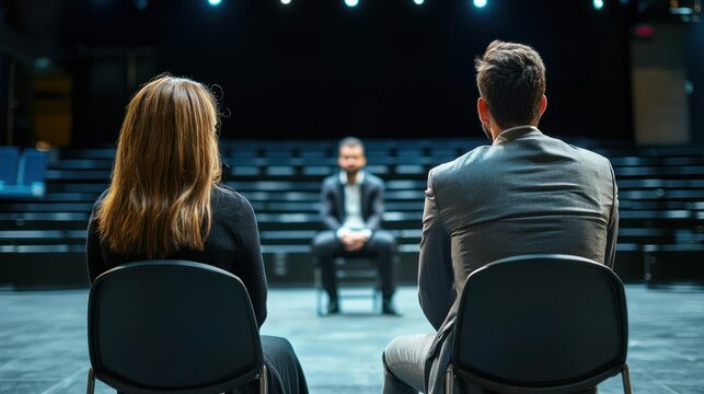 Two individuals in a formal setting, seated in chairs, facing each other. The setting appears to be a conference or meeting room with a stage in the background.