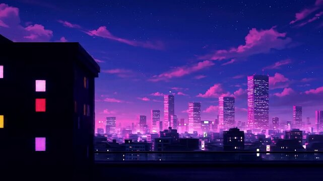 Relaxing anime manga style video loop of a quiet Tokyo alley at night with cozy lo-fi retro vibes, vintage neon signs, glowing lanterns, wet pavement reflections, rain, generative AI ultra-detailed 4K