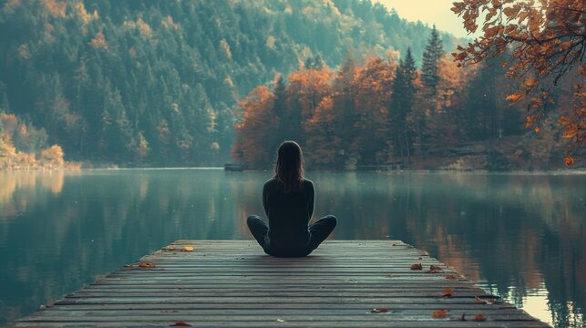 A woman meditating on a wooden dock by a calm lake with autumn foliage in the background.