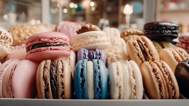 A mouth-watering display of a variety of French macarons, showcasing the richness of colors and fillings. Ideal for pastry and culinary projects. A great choice for dessert blogs.