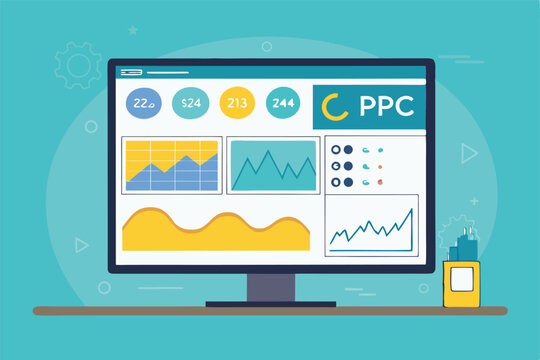 Vector paid media dashboard ad impressions, clicks, CTR, CPC, spend, conversions, ROI, charts, graphs, analytics.