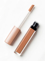 Matt lip gloss in elegant glass bottle with shiny lid, container with brush isolated on light white background