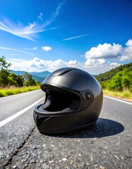 Low-angle shot of an black motorcycle helmet placed on an empty road during spring. The scene features green leaves and warm seasonal colors, emphasizing a moody, atmospheric setting.