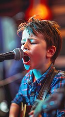 little caucasian kid boy singing on music studio by microphone. musician lessons. kids voice. child singing on concert