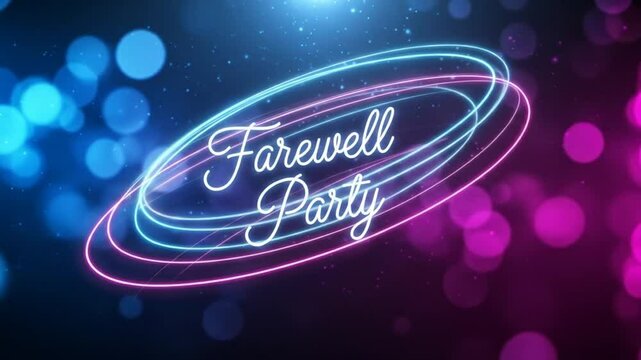Dynamic neon light animation with swirling rings and farewell party text glowing vibrant colors