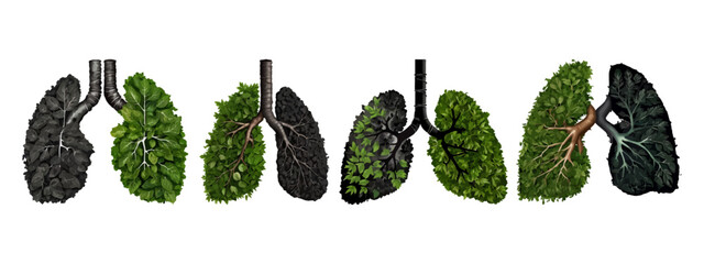 Set of Lungs, one side green with leaves and other side black and effected with smoking, lungs cancer day, vector illustration