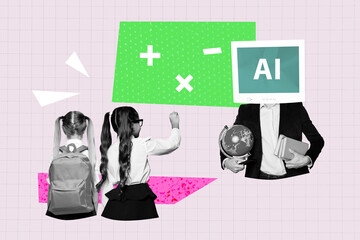 Full 3d art trend collage of two happy schoolgirls stand back headless teacher man pc monitor...